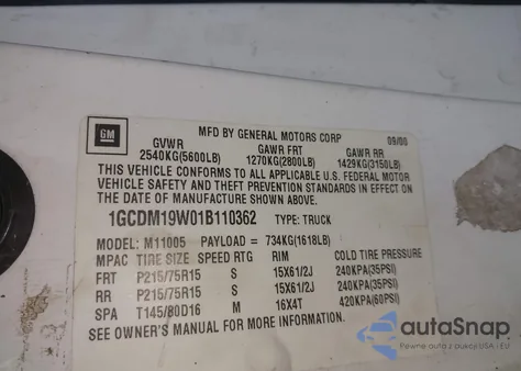 2001 Chevrolet Astro from USA, damaged, VIN 1GCDM19W01B110362